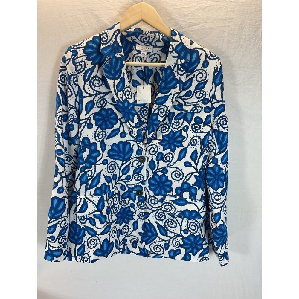 NEWCurrent Air Women's Blazer Blue White Floral Linen Blend‎ Button Close Size S